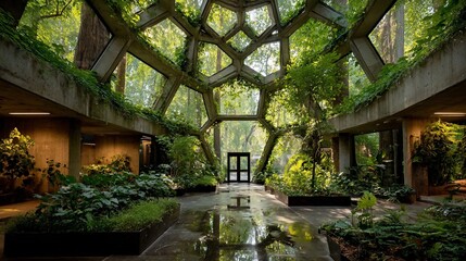Interior with geometric glass ceiling, plants, and reflection; natural light
