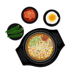 Vector Illustration Logo Clipart Top View Kongnamul Gukbap with Kimchi and Eggs