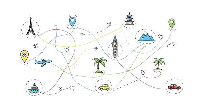 A whimsical illustration depicting a travel route with various landmarks and transportation methods.