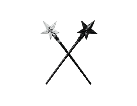 Two crossed star-topped staffs, one light, one dark, against a black backdrop