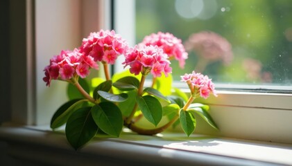 Pink crassula blossoms on windowsill, sunlight, houseplant, decorative