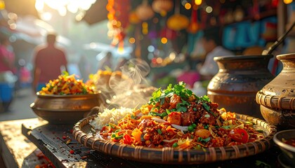 Authentic Street Food Display with Aromatic Rice and Vegetables at Sunset in Outdoor Market Stall