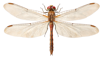 Detailed Macro Shot of a Dragonfly with Transparent Wings and Red Eyes on Black Background