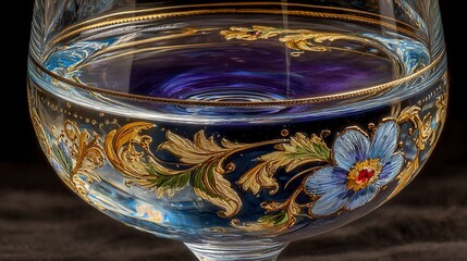 Intricately painted glass goblet filled with clear liquid and swirling hues of blue and purple inside