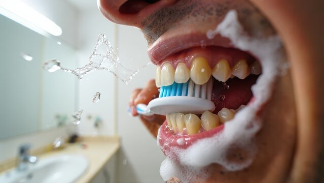Brushing teeth with a toothbrush and toothpaste, personal hygiene. High quality