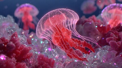 Jellyfish float among pink corals and shimmering bubbles in an abstract underwater scene
