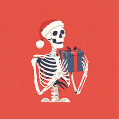 Antique Skeleton Holding Christmas Gift – Santa Hat Illustration in Vintage Medical Style