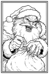 Evil Santa Claus with Clawed Hands – Monochrome Horror Christmas Illustration for Dark Holiday Art