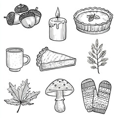Cozy Autumn Doodle Set – Hand-Drawn Fall Elements with Pie, Candle, Leaves and Mittens