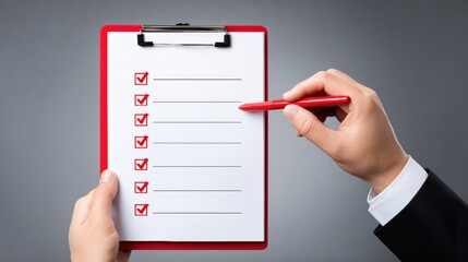 Professional business checklist on clipboard with pen in office setting, organized workspace, and task management for productivity and success