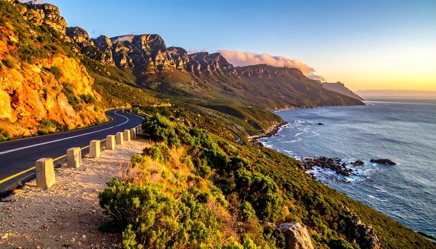 Scenic coastal road winding through mountains at sunset
