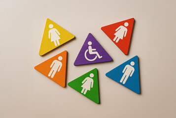 Colorful triangular restroom icons for men, women and accessibility arranged in a circle, symbolizing inclusion and diversity in modern facilities.