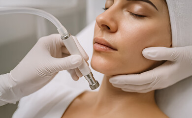 Close-up of aesthetician performing microdermabrasion skincare treatment on young woman’s face with gloves, showing modern beauty and wellness procedure.