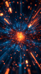 Dynamic warp speed radial light background with blue and orange streaks symbolizing energy acceleration cosmic journey and futuristic vision of limitless motion.