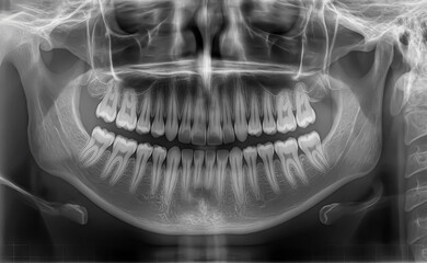 Detailed panoramic dental X-ray focusing on teeth alignment and jaw structure, commonly used for orthodontic planning and oral surgery diagnostics.