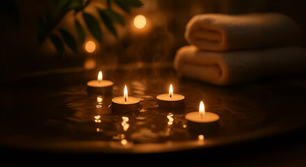 Five small floating candles glowing warmly on water with steam and blurred towels in background, evoking peaceful spa atmosphere and relaxation mood.