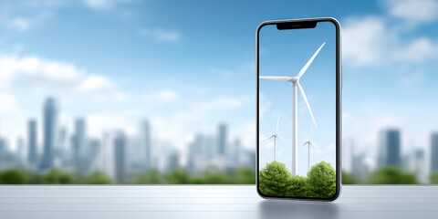 Modern wind turbines in a lush green landscape with a city skyline in the background, showcasing renewable energy, sustainable power, eco-friendly technology, and environmental conservation