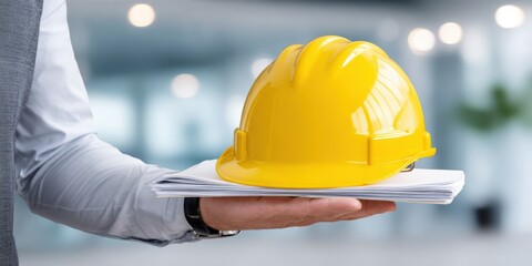 Professional construction safety helmet worn by worker on industrial site demonstrating head protection, safety gear, and occupational health standards in a busy environment