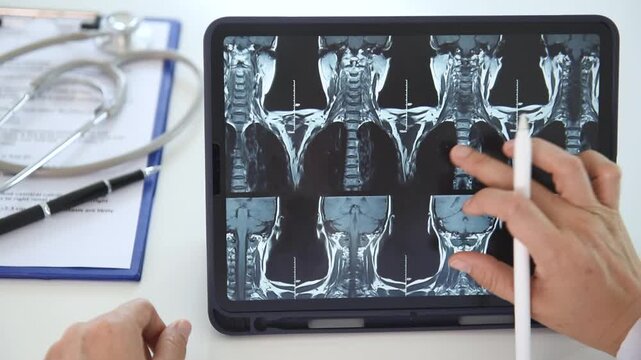 Orthopedist checkup cervical spine x-ray by ct scan or mri diagnose cervical spondylosis. orthopedic check up concept.