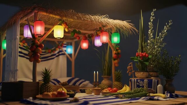 Traditional Sukkot Sukkah with Colorful Lanterns and Festive Decorations