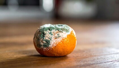 Moldy orange on a wooden surface