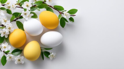 Beautiful farm-fresh eggs with vibrant yellow and white shells arranged with blossoms, showcasing natural, healthy, and organic food for breakfast or culinary use