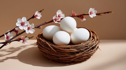Elegant still life with white eggs in a rustic nest complemented by cherry blossoms and spring flowers, capturing natural beauty and seasonal harmony