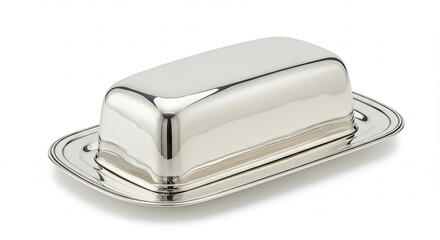 Elegant Silver Butter Dish with Lid on White Surface.