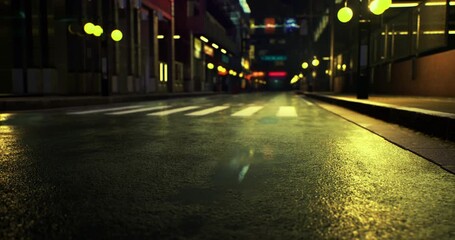 Rain soaked street reflects the glow of street lamps on a calm night. Soft light shines on wet pavement in an empty urban environment, creating a serene atmosphere. - Powered by Adobe