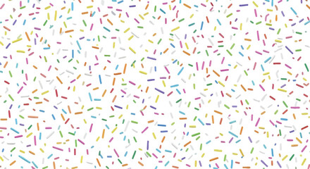 A vibrant, colorful confetti pattern scattered across a clean white background, creating a festive visual effect.