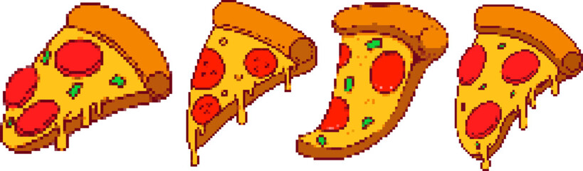 Pixel art pizza slice isolated on white background. Vector illustration