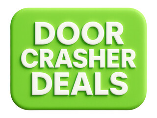 Bright green tag sticker featuring DOOR CRASHER DEALS offer in bold lettering, eye-catching retail promo on transparent background.