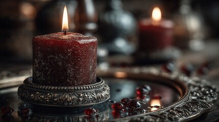 Lit candle in silver holder on tray with red beads creates a soft, moody, dim, romantic scene