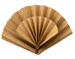 A paper fan comprised of concentric circular layers, with multiple vertical folds