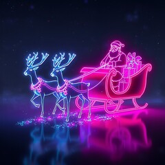 Santa’s Sleigh Outlined in Vivid Neon, Pulled by Shimmering Reindeer Over a Dreamy Starry Sky