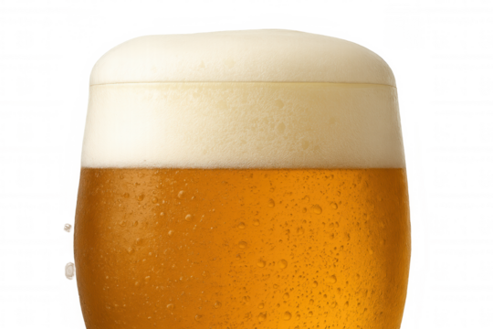 Cold golden beer with foam and condensation on a glass, offering a refreshing alcoholic drink on a transparent background