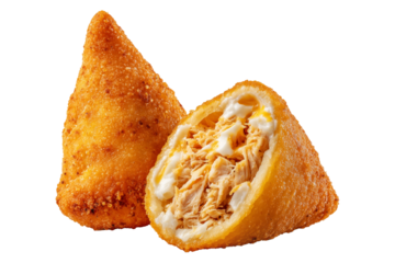 Crispy Brazil coxinha snack filled with shredded chicken croquettes and creamy cheese, isolated on white transparent background, concept of South American Cuisine