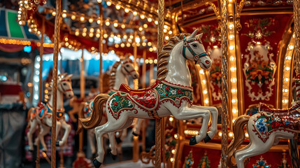 Obraz premium White Carousel Horses with Red and Green Saddles