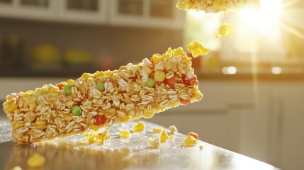 Colorful granola bar floating above a kitchen counter with sunlight in background