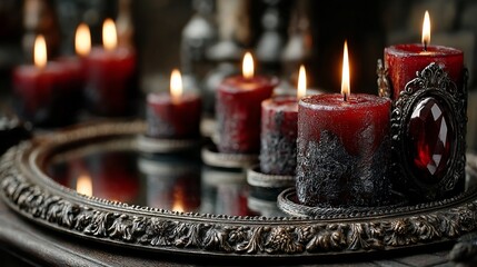 Lit red candles sit on a reflective silver tray, evoking ambiance with a gothic, romantic feel