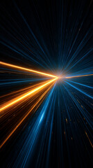 Dynamic warp speed radial light background with blue and orange streaks symbolizing energy acceleration cosmic journey and futuristic vision of limitless motion.