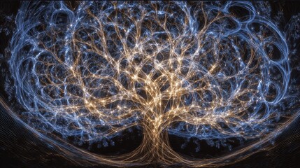 Classic, visual, metaphorical, complex, tree of life, graph, unravel, re-weave, complex, network, light, tapestry, abstract, sky, night, nature, blue, sun, clouds, tree, water, dark, lightning, cloud,