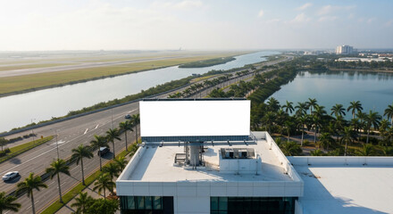 Blank billboard on building rooftop with urban aerial view
