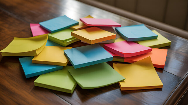 A Colorful Assortment of Sticky Notes Piled on a Wooden Surface for Organization and Reminders