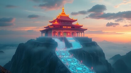 Obraz premium Futuristic Floating Temple Over Mountains