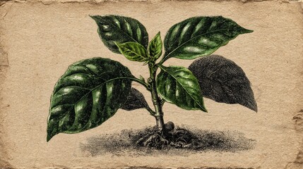 Lush plant with vibrant green leaves, on a textured, aged-paper style background