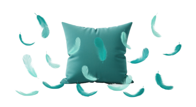 Teal pillow surrounded by floating feathers for sleep or home decor concepts isolated PNG with Transparent Background
