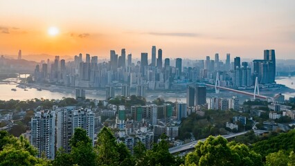 Chongqing China Skyline at Golden Hour Sunset with Yangtze River and Modern Skyscrapers