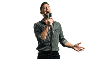Man singing into microphone with passion isolated PNG with Transparent Background