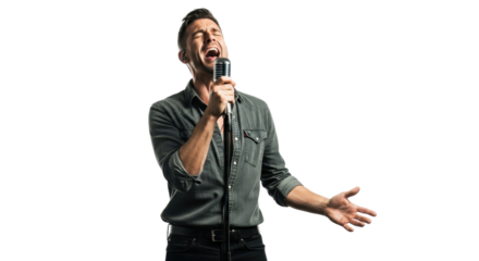 Man singing into microphone with passion isolated PNG with Transparent Background